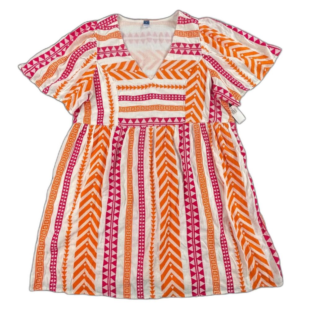 Old Navy Jacquard Mini Swing Dress Large Pink Orange Geometric Aztec Boho Folk - Picture 13 of 14